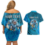 Personalised Cronulla-Sutherland Sharks Couples Matching Off Shoulder Short Dress and Hawaiian Shirt Polynesian Tribal Art Style With Hammerhead Mascot