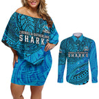 Personalised Cronulla-Sutherland Sharks Couples Matching Off Shoulder Short Dress and Long Sleeve Button Shirt Polynesian Tribal Art Style With Hammerhead Mascot