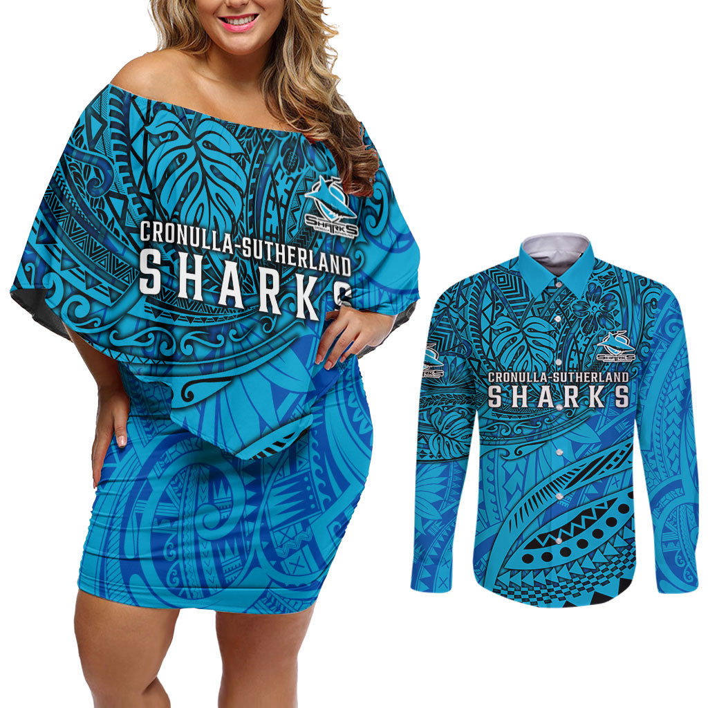 Personalised Cronulla-Sutherland Sharks Couples Matching Off Shoulder Short Dress and Long Sleeve Button Shirt Polynesian Tribal Art Style With Hammerhead Mascot
