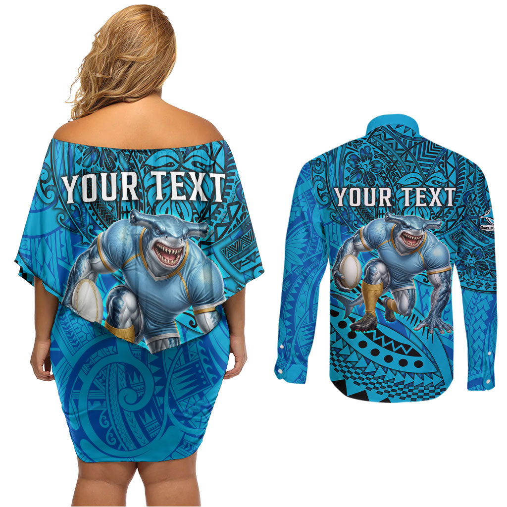 Personalised Cronulla-Sutherland Sharks Couples Matching Off Shoulder Short Dress and Long Sleeve Button Shirt Polynesian Tribal Art Style With Hammerhead Mascot