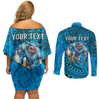 Personalised Cronulla-Sutherland Sharks Couples Matching Off Shoulder Short Dress and Long Sleeve Button Shirt Polynesian Tribal Art Style With Hammerhead Mascot
