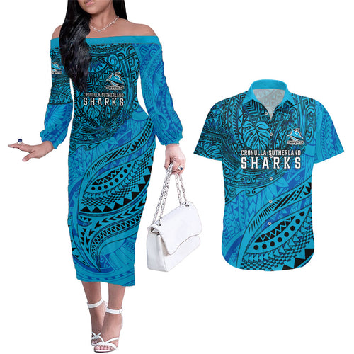 Personalised Cronulla-Sutherland Sharks Couples Matching Off The Shoulder Long Sleeve Dress and Hawaiian Shirt Polynesian Tribal Art Style With Hammerhead Mascot