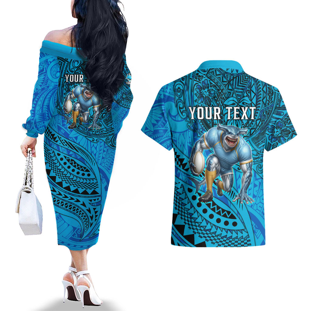 Personalised Cronulla-Sutherland Sharks Couples Matching Off The Shoulder Long Sleeve Dress and Hawaiian Shirt Polynesian Tribal Art Style With Hammerhead Mascot
