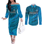 Personalised Cronulla-Sutherland Sharks Couples Matching Off The Shoulder Long Sleeve Dress and Long Sleeve Button Shirt Polynesian Tribal Art Style With Hammerhead Mascot