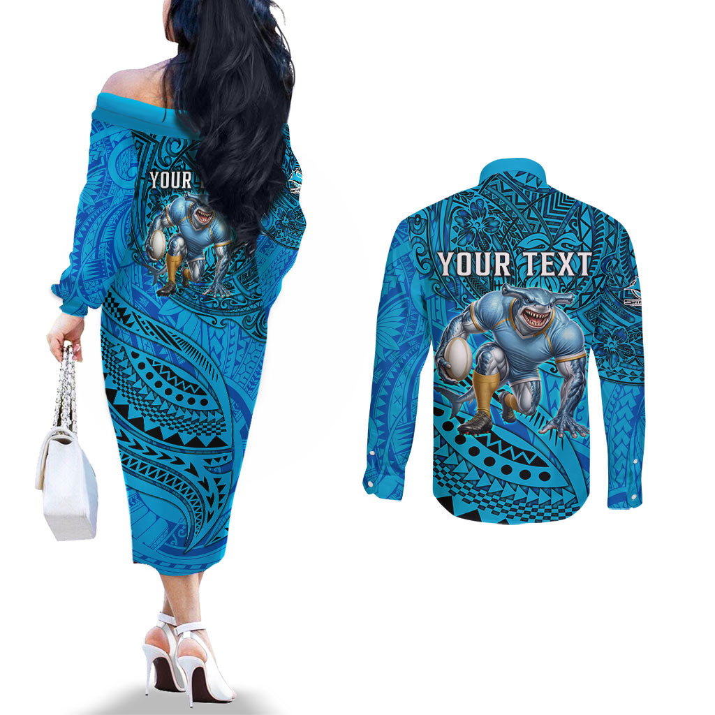 Personalised Cronulla-Sutherland Sharks Couples Matching Off The Shoulder Long Sleeve Dress and Long Sleeve Button Shirt Polynesian Tribal Art Style With Hammerhead Mascot