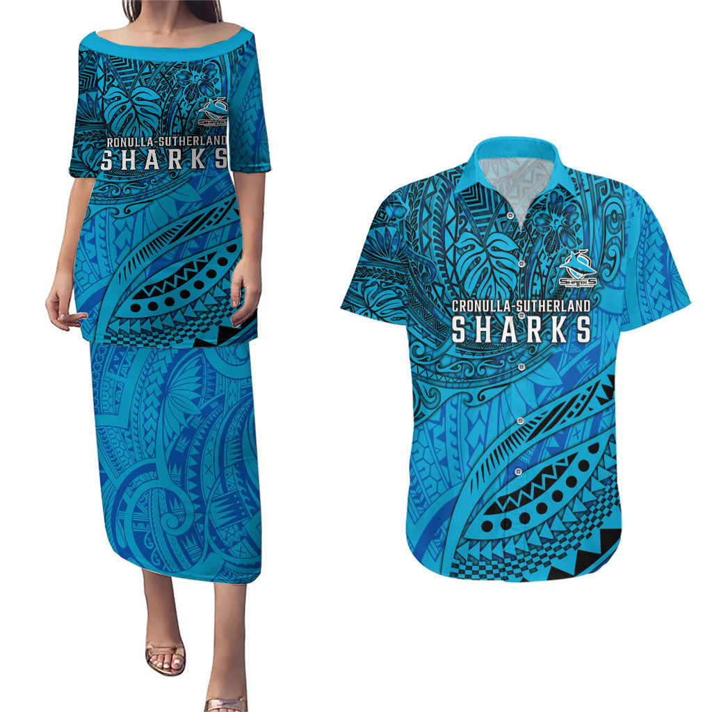 Personalised Cronulla-Sutherland Sharks Couples Matching Puletasi and Hawaiian Shirt Polynesian Tribal Art Style With Hammerhead Mascot