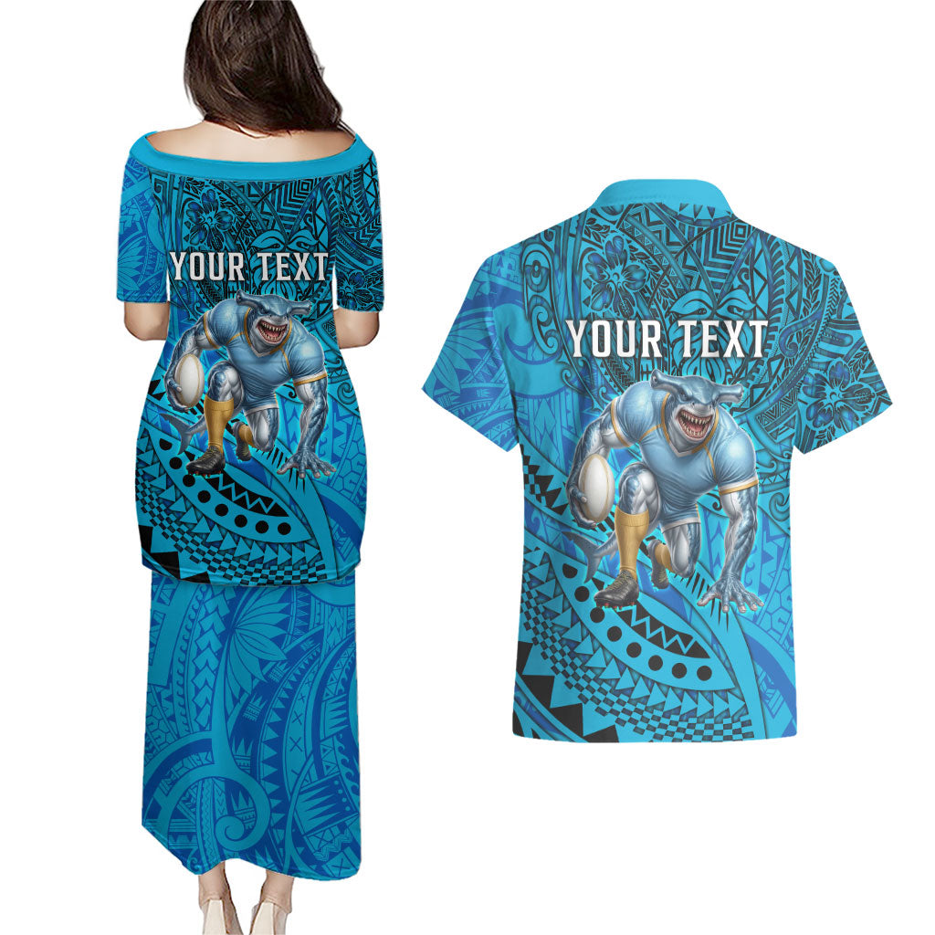 Personalised Cronulla-Sutherland Sharks Couples Matching Puletasi and Hawaiian Shirt Polynesian Tribal Art Style With Hammerhead Mascot