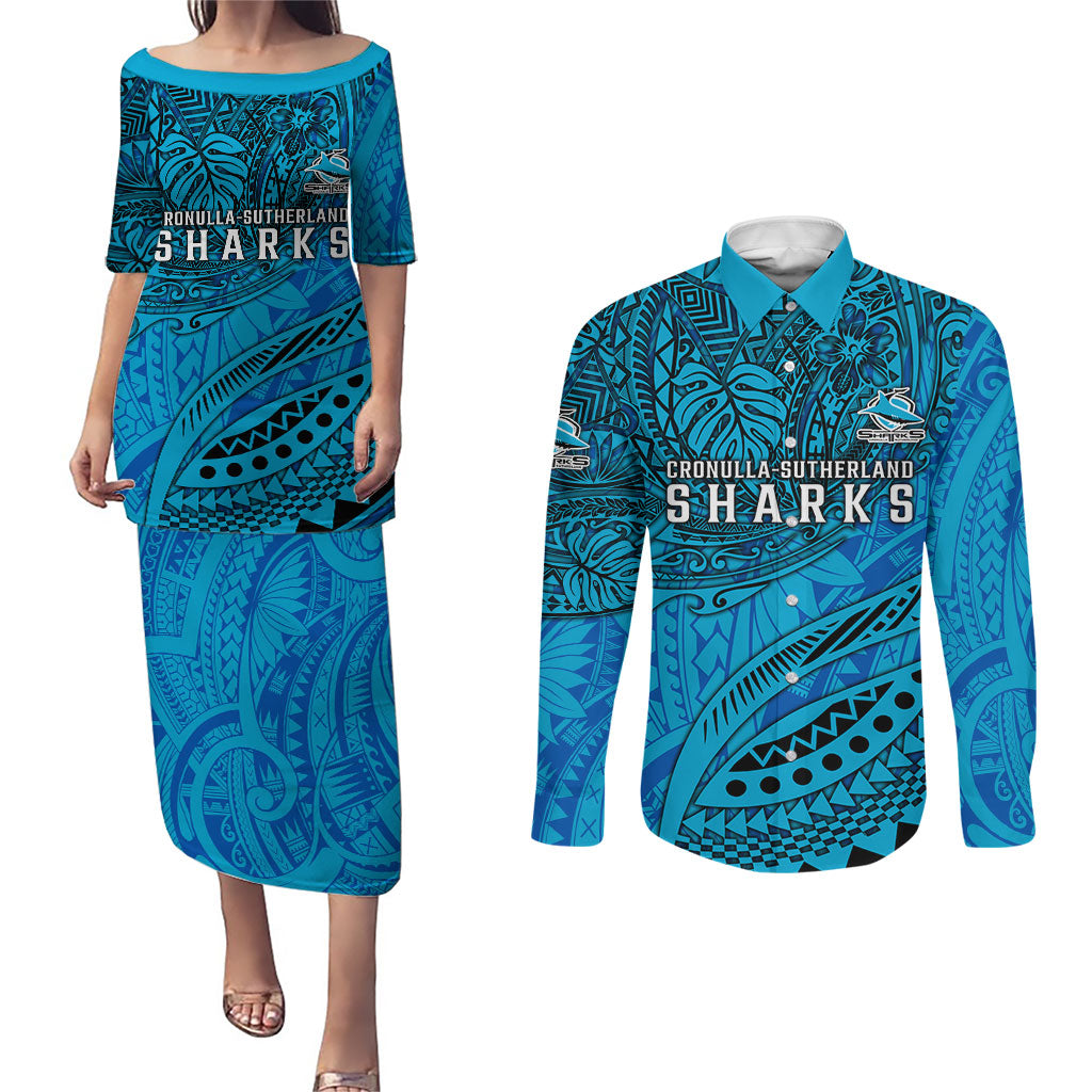 Personalised Cronulla-Sutherland Sharks Couples Matching Puletasi and Long Sleeve Button Shirt Polynesian Tribal Art Style With Hammerhead Mascot