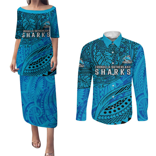 Personalised Cronulla-Sutherland Sharks Couples Matching Puletasi and Long Sleeve Button Shirt Polynesian Tribal Art Style With Hammerhead Mascot