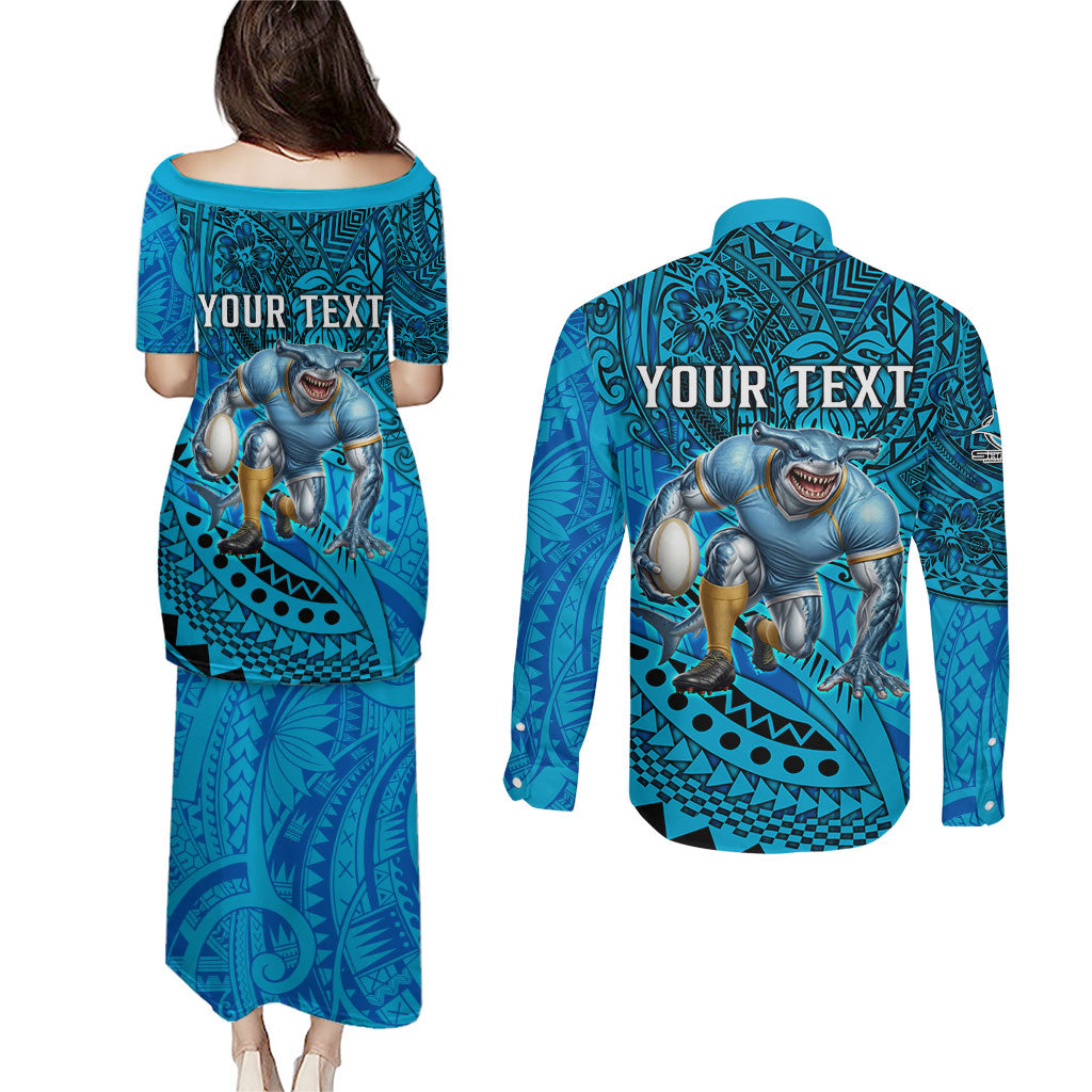 Personalised Cronulla-Sutherland Sharks Couples Matching Puletasi and Long Sleeve Button Shirt Polynesian Tribal Art Style With Hammerhead Mascot