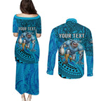Personalised Cronulla-Sutherland Sharks Couples Matching Puletasi and Long Sleeve Button Shirt Polynesian Tribal Art Style With Hammerhead Mascot