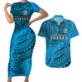 Personalised Cronulla-Sutherland Sharks Couples Matching Short Sleeve Bodycon Dress and Hawaiian Shirt Polynesian Tribal Art Style With Hammerhead Mascot