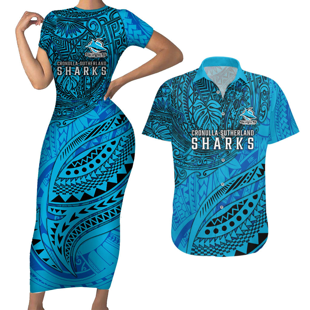 Personalised Cronulla-Sutherland Sharks Couples Matching Short Sleeve Bodycon Dress and Hawaiian Shirt Polynesian Tribal Art Style With Hammerhead Mascot