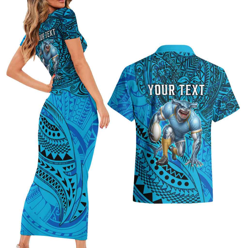 Personalised Cronulla-Sutherland Sharks Couples Matching Short Sleeve Bodycon Dress and Hawaiian Shirt Polynesian Tribal Art Style With Hammerhead Mascot