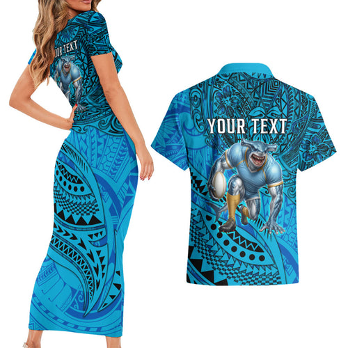 Personalised Cronulla-Sutherland Sharks Couples Matching Short Sleeve Bodycon Dress and Hawaiian Shirt Polynesian Tribal Art Style With Hammerhead Mascot