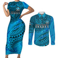 Personalised Cronulla-Sutherland Sharks Couples Matching Short Sleeve Bodycon Dress and Long Sleeve Button Shirt Polynesian Tribal Art Style With Hammerhead Mascot