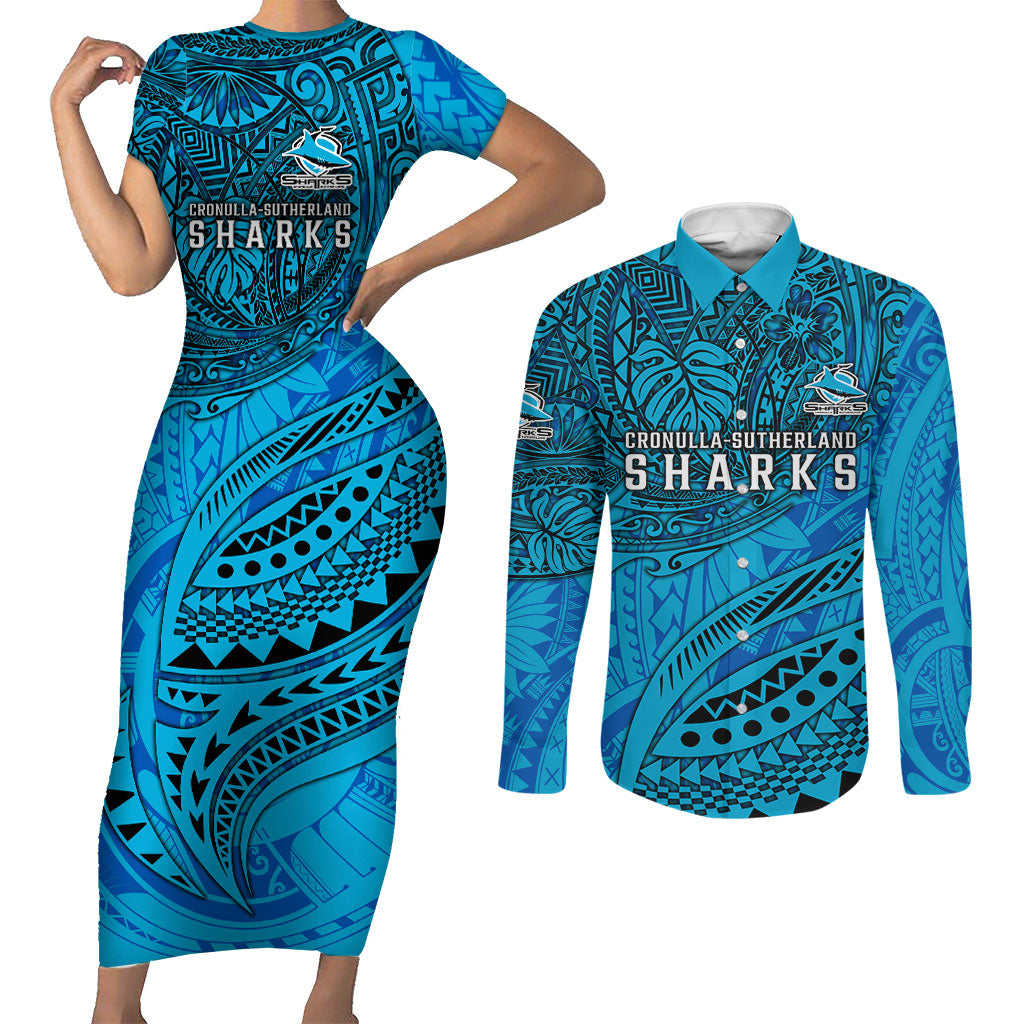 Personalised Cronulla-Sutherland Sharks Couples Matching Short Sleeve Bodycon Dress and Long Sleeve Button Shirt Polynesian Tribal Art Style With Hammerhead Mascot