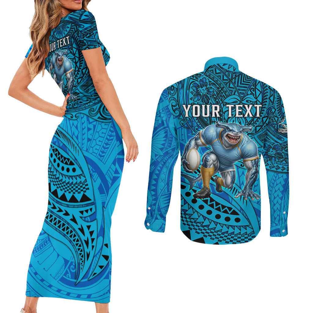 Personalised Cronulla-Sutherland Sharks Couples Matching Short Sleeve Bodycon Dress and Long Sleeve Button Shirt Polynesian Tribal Art Style With Hammerhead Mascot