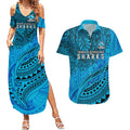 Personalised Cronulla-Sutherland Sharks Couples Matching Summer Maxi Dress and Hawaiian Shirt Polynesian Tribal Art Style With Hammerhead Mascot