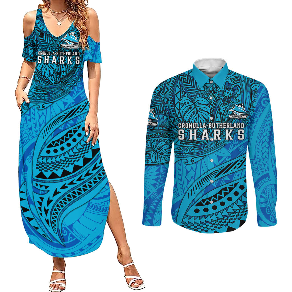 Personalised Cronulla-Sutherland Sharks Couples Matching Summer Maxi Dress and Long Sleeve Button Shirt Polynesian Tribal Art Style With Hammerhead Mascot