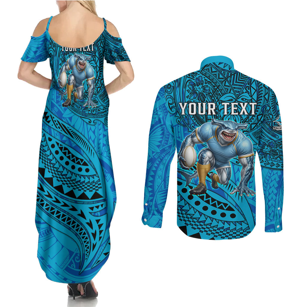 Personalised Cronulla-Sutherland Sharks Couples Matching Summer Maxi Dress and Long Sleeve Button Shirt Polynesian Tribal Art Style With Hammerhead Mascot