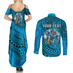 Personalised Cronulla-Sutherland Sharks Couples Matching Summer Maxi Dress and Long Sleeve Button Shirt Polynesian Tribal Art Style With Hammerhead Mascot