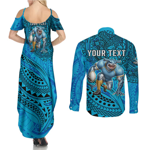 Personalised Cronulla-Sutherland Sharks Couples Matching Summer Maxi Dress and Long Sleeve Button Shirt Polynesian Tribal Art Style With Hammerhead Mascot