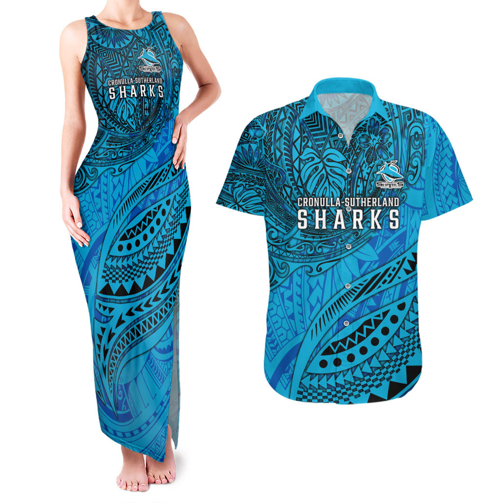 Personalised Cronulla-Sutherland Sharks Couples Matching Tank Maxi Dress and Hawaiian Shirt Polynesian Tribal Art Style With Hammerhead Mascot