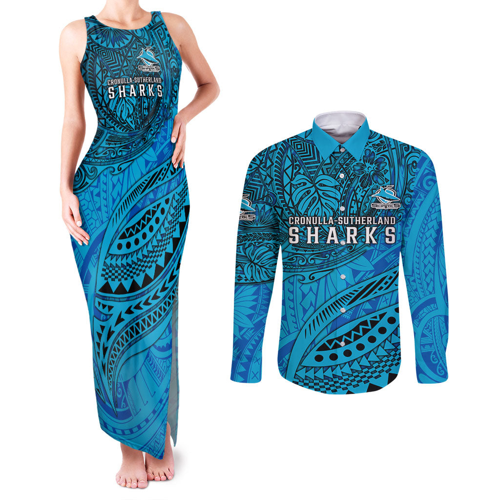 Personalised Cronulla-Sutherland Sharks Couples Matching Tank Maxi Dress and Long Sleeve Button Shirt Polynesian Tribal Art Style With Hammerhead Mascot