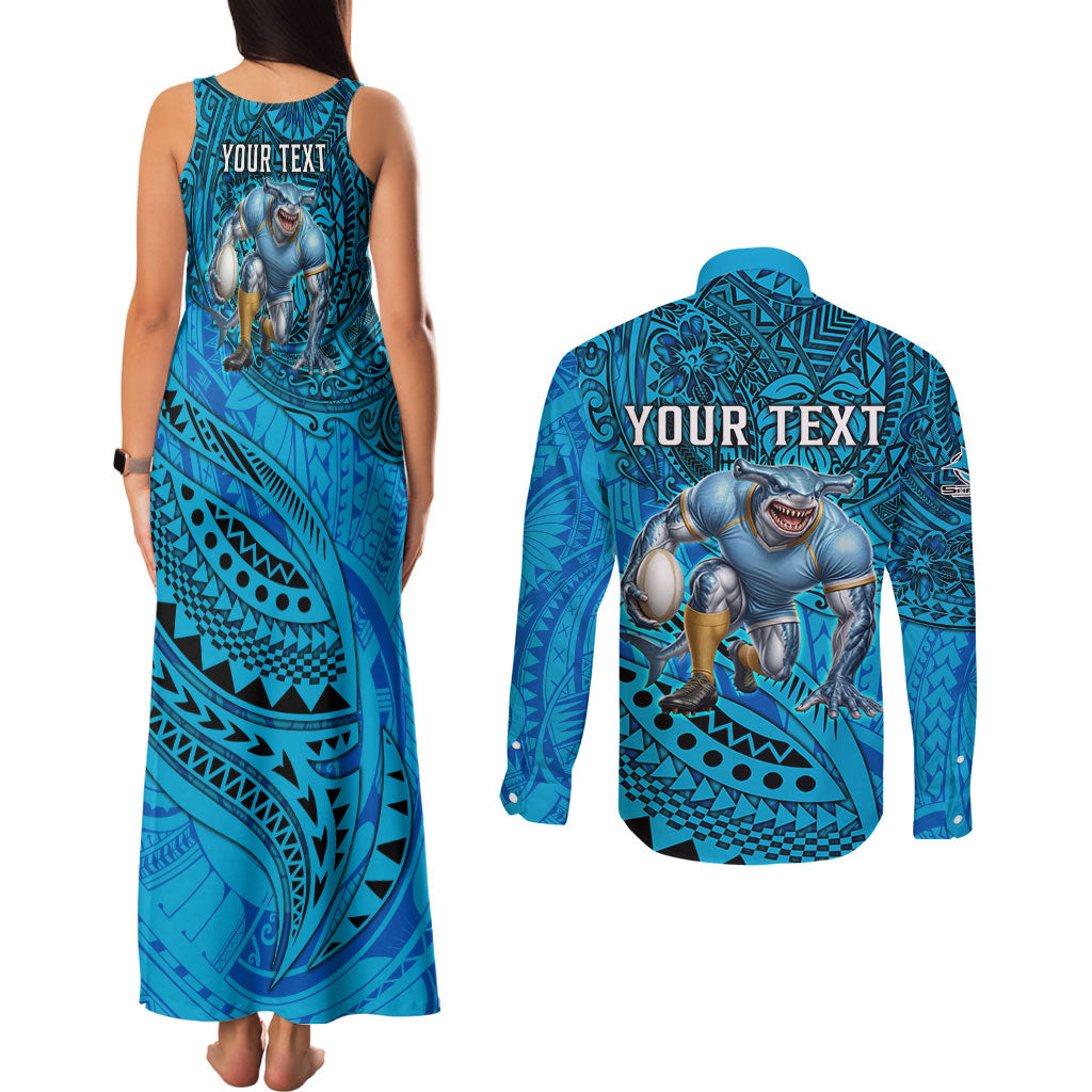 Personalised Cronulla-Sutherland Sharks Couples Matching Tank Maxi Dress and Long Sleeve Button Shirt Polynesian Tribal Art Style With Hammerhead Mascot