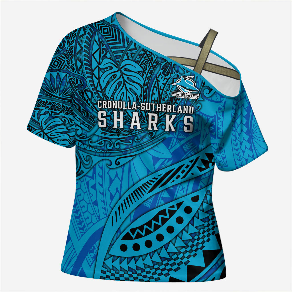 Personalised Cronulla-Sutherland Sharks Cross Shoulder Shirt Polynesian Tribal Art Style With Hammerhead Mascot