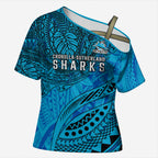 Personalised Cronulla-Sutherland Sharks Cross Shoulder Shirt Polynesian Tribal Art Style With Hammerhead Mascot