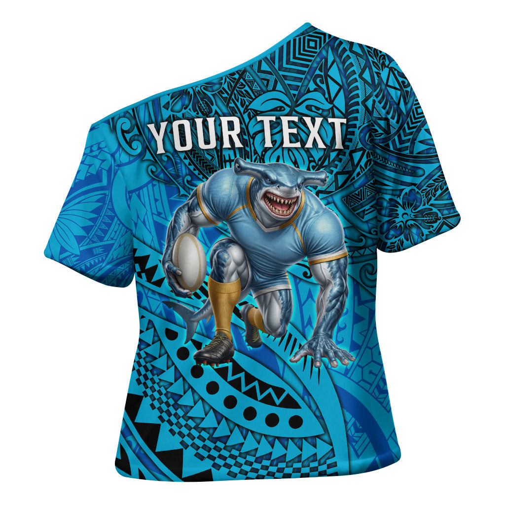 Personalised Cronulla-Sutherland Sharks Cross Shoulder Shirt Polynesian Tribal Art Style With Hammerhead Mascot