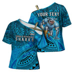 Personalised Cronulla-Sutherland Sharks Cross Shoulder Shirt Polynesian Tribal Art Style With Hammerhead Mascot