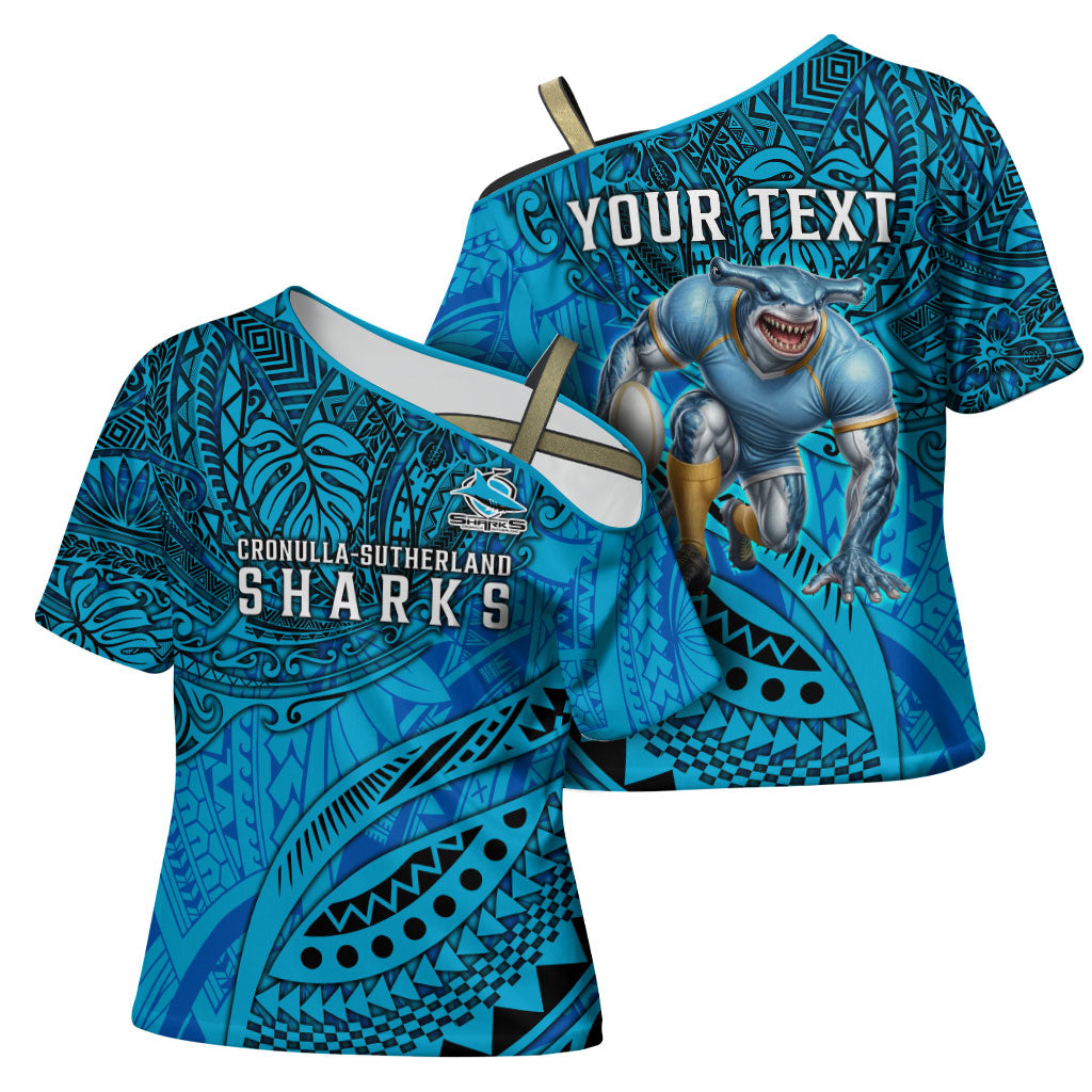 Personalised Cronulla-Sutherland Sharks Cross Shoulder Shirt Polynesian Tribal Art Style With Hammerhead Mascot