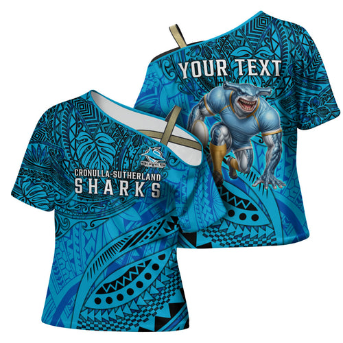 Personalised Cronulla-Sutherland Sharks Cross Shoulder Shirt Polynesian Tribal Art Style With Hammerhead Mascot