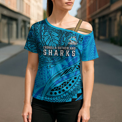 Personalised Cronulla-Sutherland Sharks Cross Shoulder Shirt Polynesian Tribal Art Style With Hammerhead Mascot