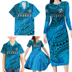 Personalised Cronulla-Sutherland Sharks Family Matching Long Sleeve Bodycon Dress and Hawaiian Shirt Polynesian Tribal Art Style With Hammerhead Mascot