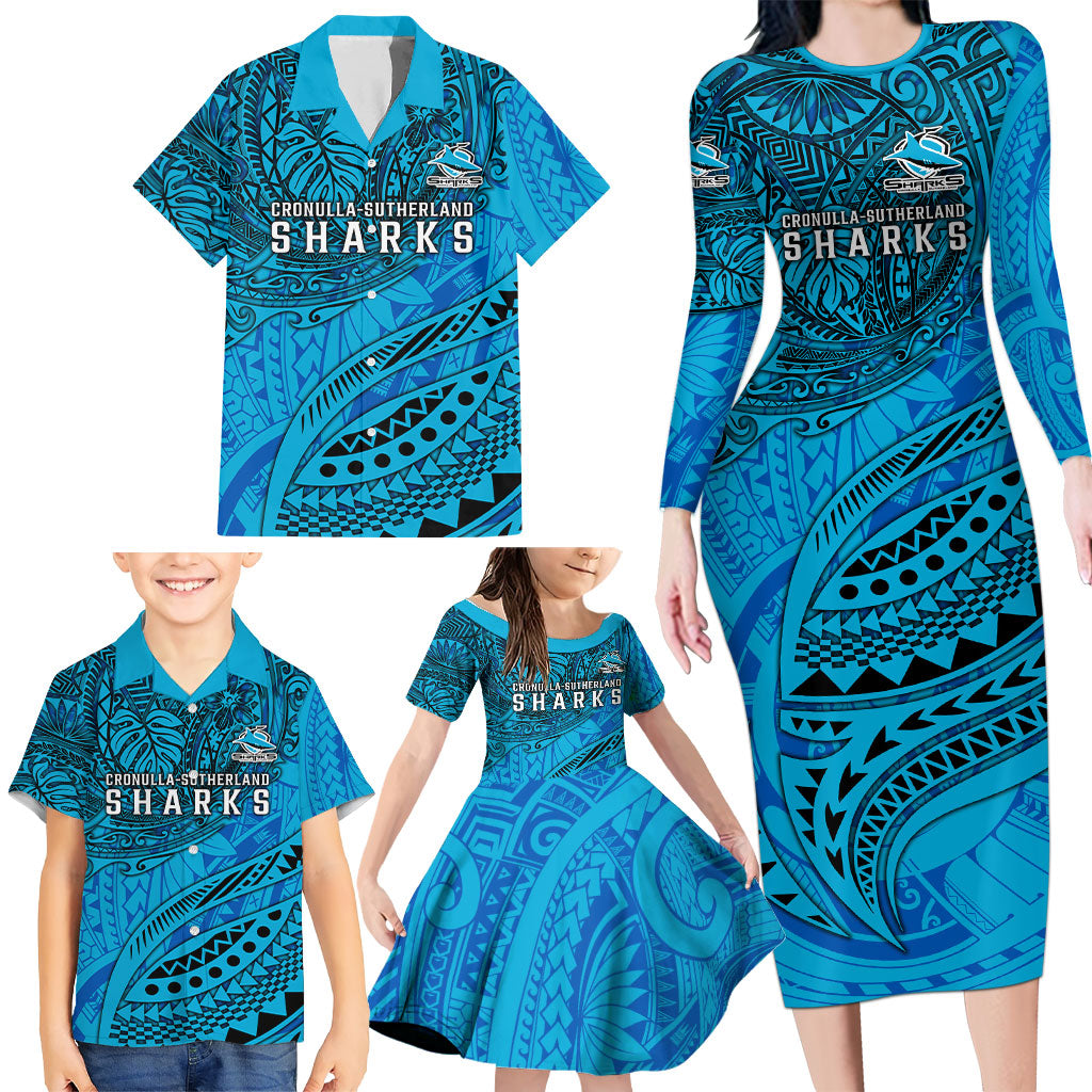 Personalised Cronulla-Sutherland Sharks Family Matching Long Sleeve Bodycon Dress and Hawaiian Shirt Polynesian Tribal Art Style With Hammerhead Mascot