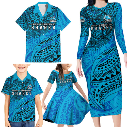 Personalised Cronulla-Sutherland Sharks Family Matching Long Sleeve Bodycon Dress and Hawaiian Shirt Polynesian Tribal Art Style With Hammerhead Mascot