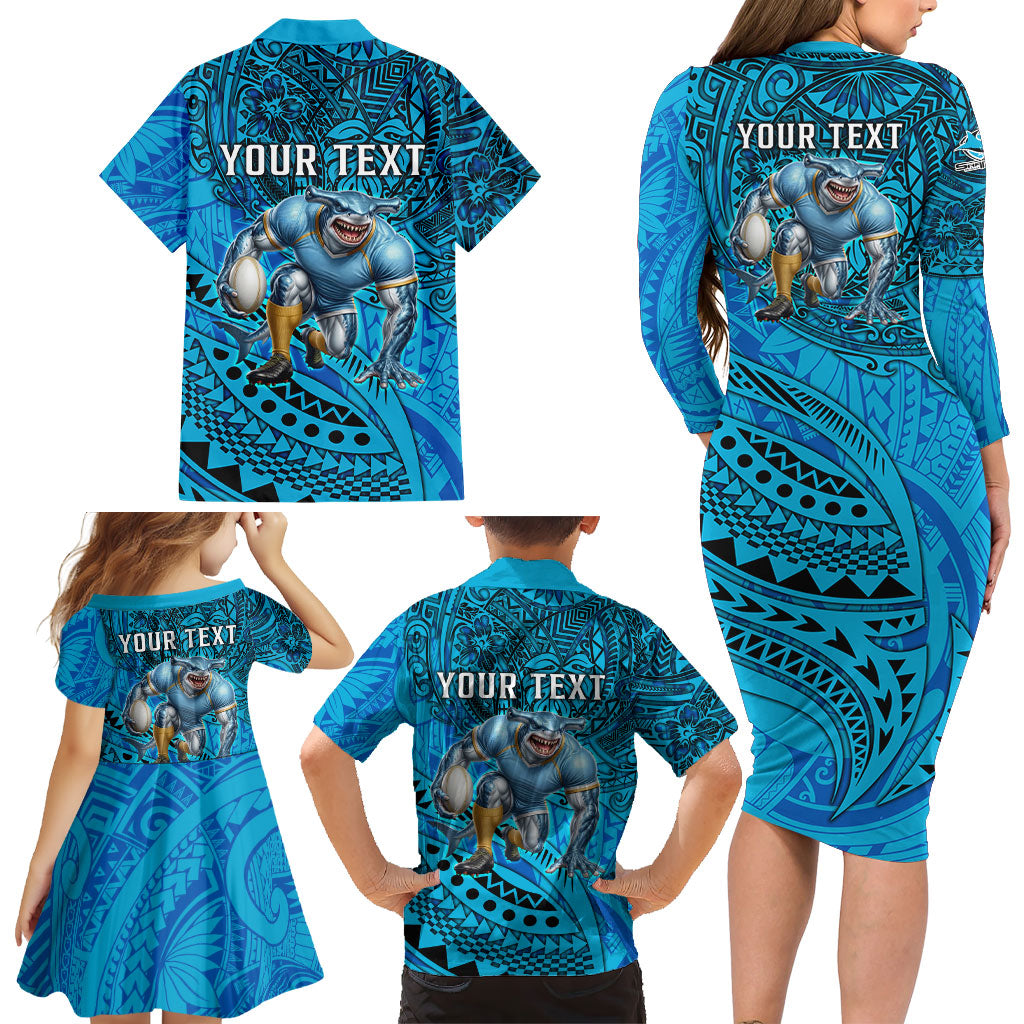 Personalised Cronulla-Sutherland Sharks Family Matching Long Sleeve Bodycon Dress and Hawaiian Shirt Polynesian Tribal Art Style With Hammerhead Mascot