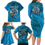 Personalised Cronulla-Sutherland Sharks Family Matching Long Sleeve Bodycon Dress and Hawaiian Shirt Polynesian Tribal Art Style With Hammerhead Mascot