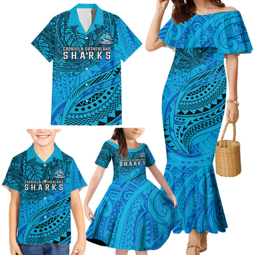 Personalised Cronulla-Sutherland Sharks Family Matching Mermaid Dress and Hawaiian Shirt Polynesian Tribal Art Style With Hammerhead Mascot