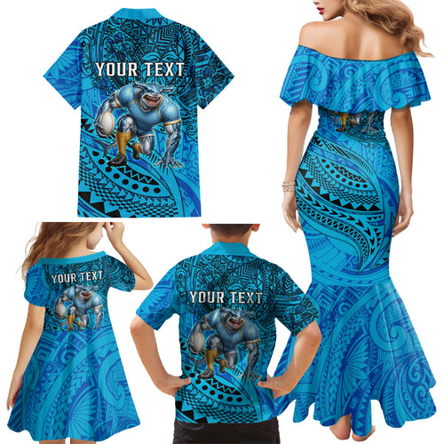 Personalised Cronulla-Sutherland Sharks Family Matching Mermaid Dress and Hawaiian Shirt Polynesian Tribal Art Style With Hammerhead Mascot