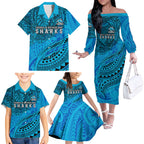 Personalised Cronulla-Sutherland Sharks Family Matching Off The Shoulder Long Sleeve Dress and Hawaiian Shirt Polynesian Tribal Art Style With Hammerhead Mascot