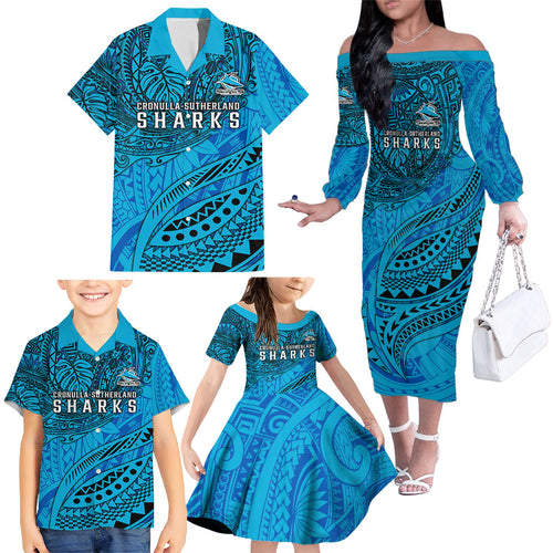 Personalised Cronulla-Sutherland Sharks Family Matching Off The Shoulder Long Sleeve Dress and Hawaiian Shirt Polynesian Tribal Art Style With Hammerhead Mascot