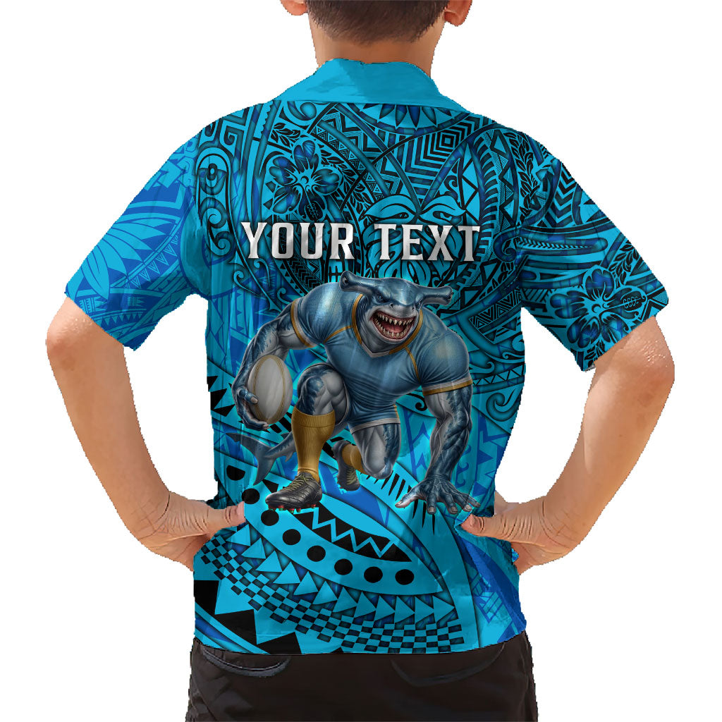 Personalised Cronulla-Sutherland Sharks Family Matching Off The Shoulder Long Sleeve Dress and Hawaiian Shirt Polynesian Tribal Art Style With Hammerhead Mascot