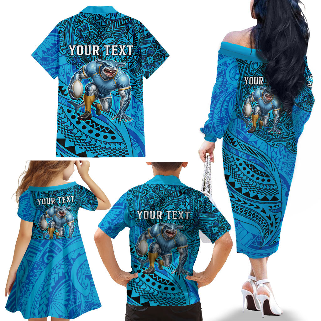 Personalised Cronulla-Sutherland Sharks Family Matching Off The Shoulder Long Sleeve Dress and Hawaiian Shirt Polynesian Tribal Art Style With Hammerhead Mascot