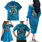 Personalised Cronulla-Sutherland Sharks Family Matching Off The Shoulder Long Sleeve Dress and Hawaiian Shirt Polynesian Tribal Art Style With Hammerhead Mascot