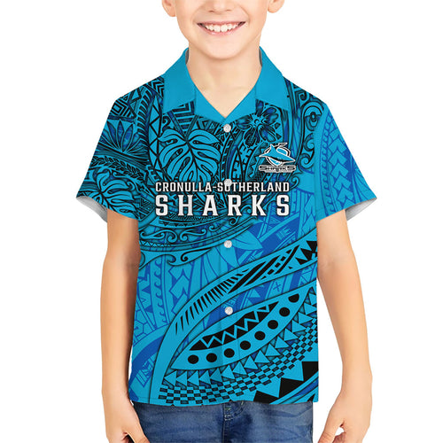 Personalised Cronulla-Sutherland Sharks Family Matching Off The Shoulder Long Sleeve Dress and Hawaiian Shirt Polynesian Tribal Art Style With Hammerhead Mascot